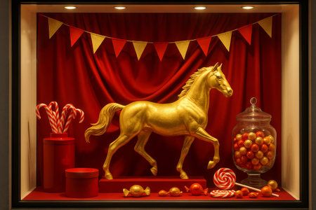 Golden horse statue with red drapes celebrating chinese new year 2026. concept of lunar new year...