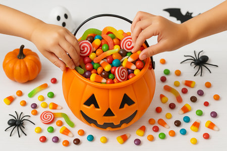 Children enjoying colorful halloween candy assortment with jack-o-lantern bucket and festive decor....