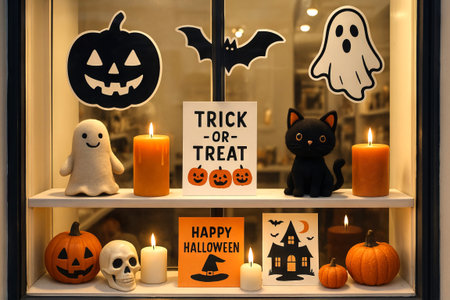 Halloween store window display with candles, pumpkins, ghosts, and trick or treat sign. concept of...