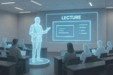 Holographic teacher in modern classroom setting engaging students with innovative technology for...