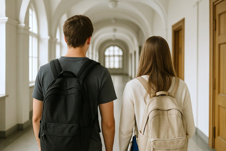 Man and woman walking through a bright corridor with backpacks. concept of education, school...