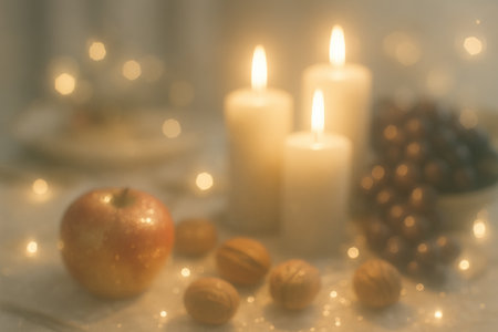 Candlelit scene with fruits and nuts creating warm ambiance, featuring apples, grapes, and nuts in...