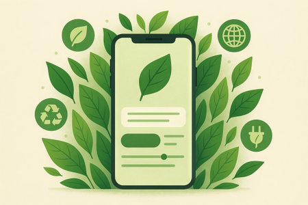 Eco-friendly app design featuring smartphone surrounded by green leaves and sustainability icons...