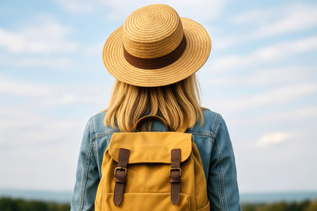 Person with backpack and wide-brimmed hat enjoying scenic view in nature landscape for travel...