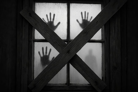 Foggy window with silhouetted hands behind wooden boards creating eerie atmosphere. concept of...
