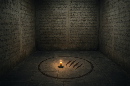 Candlelit ritual in mysterious room with ancient script on walls and magical symbols on floor....