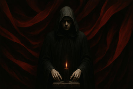 Hooded figure standing in front of a candle with flowing red fabric in the background. concept of mystery, ritual atmosphere, dark scene illustration.の写真素材