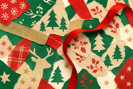 Christmas abstract collage with trees, reindeer, and snowflakes featuring red ribbon on festive...