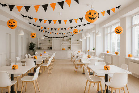 White restaurant decorated for halloween with jack-o-lanterns and banners creating a festive...