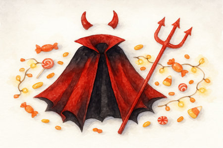 Watercolor illustration of a demon costume with red cape, horns, and pitchfork surrounded by various...