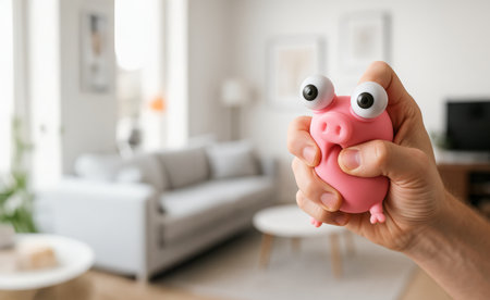 Hand squeezing pink pig stress relief toy with bulging eyes in cozy living room. Concept of anxiety reduction, relaxation tool, emotional support, stress relief therapy at home.の写真素材