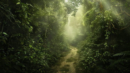 Serene Jungle Path Winding Through Lush Greenery and Tall Trees in Sunlit Forest - Concept of Nature...