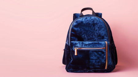 Elegant velvet women's backpack on soft pink background. concept of fashion accessory, modern style,...