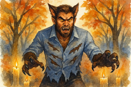 Watercolor werewolf in torn shirt amidst autumn trees and candles. concept of halloween monster,...