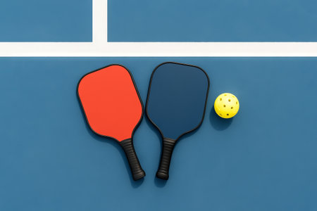 Pickleball court top view with paddles and ball illustration. concept of sports equipment,...