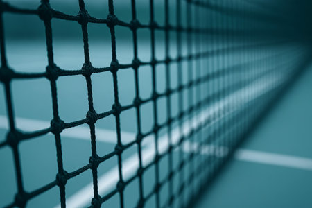 Close-up of tennis net on court capturing textured details and lines. concept of sports equipment,...