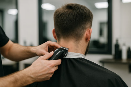 Back view of haircut process with electric clippers in barbershop concept of men's grooming, hair...