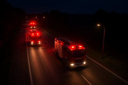 Fire trucks with bright red lights driving through a dark night on an illuminated road scene....