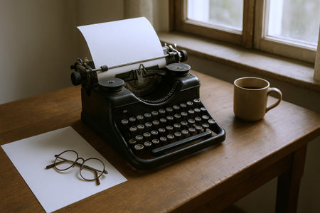 Vintage typewriter on wooden desk with coffee mug and glasses by window. concept of writing,...
