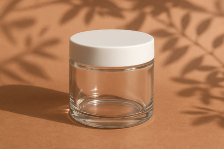 Clear glass jar against a simple background with leaf shadows. concept of minimalist design, eco-friendly storage, home organizing.の写真素材