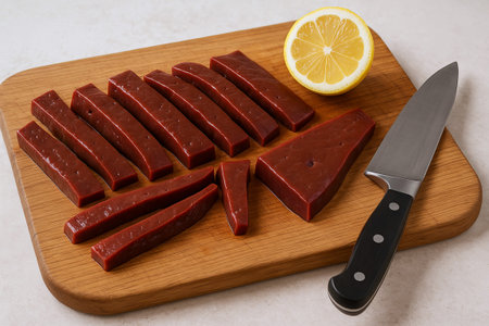 Sliced meat and lemon on wooden cutting board with chef's knife. concept of cooking ingredients,...