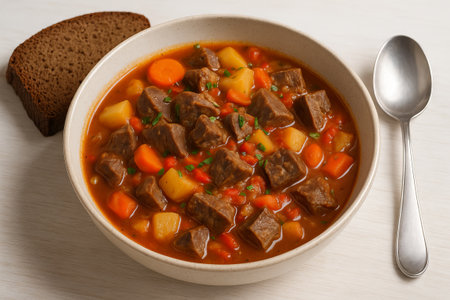 Hearty beef stew with tender vegetables and whole grain bread for a nutritious and comforting meal....