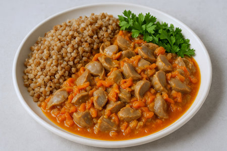 Delicious chicken gizzards with buckwheat and carrot stew served on white plate. concept of hearty...