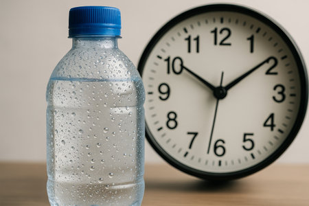 Water bottle and clock symbolizing importance of hydration and time management in daily routine....