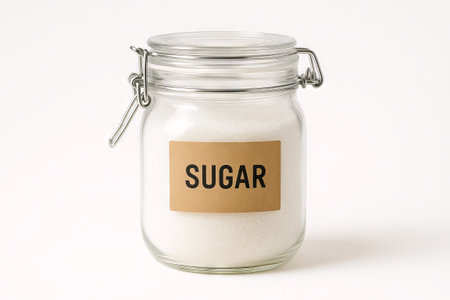 Simple labeled sugar jar with secure lid for kitchen storage on white background. concept of food...