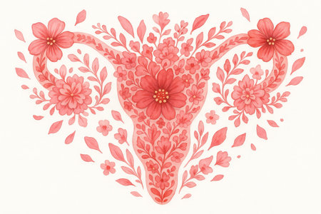 Floral uterus illustration featuring delicate petals and leaves in symmetrical arrangement. concept...