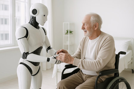 Robot assisting elderly patient in modern care setting highlighting innovation, elderly care, and...