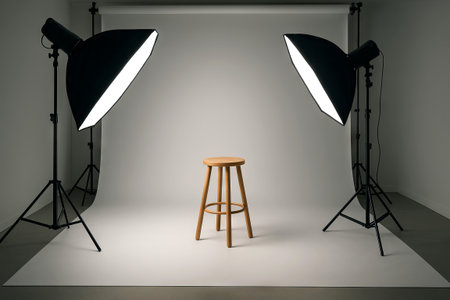 Minimalist photography studio with soft lighting and wooden stool for simple composition in artistic...