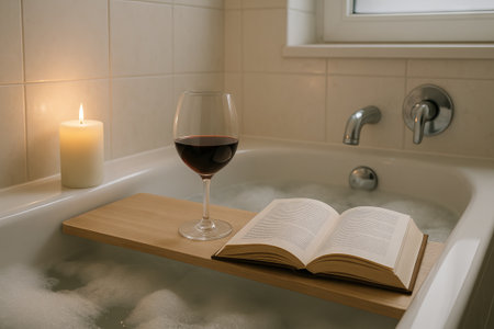Relaxing bath scene with wine and book for ultimate home spa experience and self-care ritual in a...