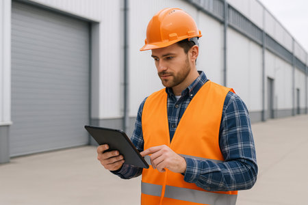 Construction worker using tablet for project management on industrial site. concept of modern...