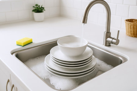 Stack of white dishes in a kitchen sink being washed with running water and soap suds from a faucet....