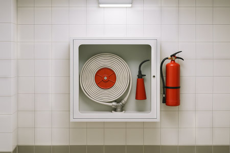 Emergency fire hose and extinguisher setup in wall-mounted cabinet for safety and preparedness in...