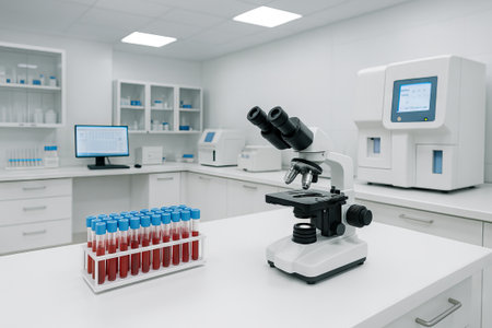 Modern laboratory with microscope and blood samples for scientific research and medical testing...