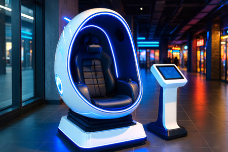 Futuristic gaming pod with neon lights and interactive screen in urban entertainment center. concept...