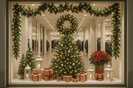 Festive christmas store window with decorated trees, gift boxes, lanterns, and garland. concept of...