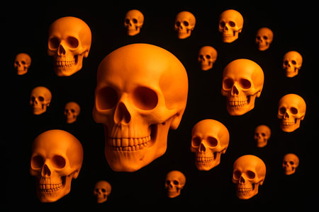Floating orange skulls on dark background creating eerie halloween illustration. concept of spooky...