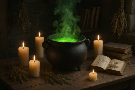 Witch s alchemy scene with glowing green brew in cauldron surrounded by candles and spellbook. concept of halloween magic, potion making, mysterious atmosphere.の写真素材