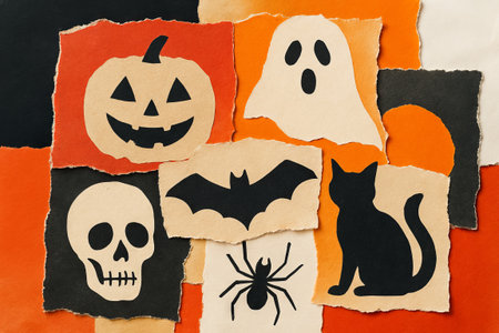 Halloween paper cutout collage featuring pumpkin, ghost, skull, and bat on colorful background. concept of spooky holiday decor, creative crafting, festive artwork.の写真素材