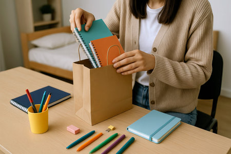 Woman unpacking school supplies including notebooks and pencils on desk at home. concept of...