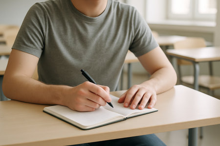 Male student writing notes in classroom while studying at desk. concept of education, learning,...