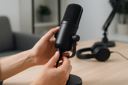 Person setting up microphone in modern podcast studio with headphones present on table. concept of...