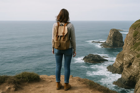 Woman enjoying scenic ocean view from cliff edge in casual attire with backpack on a clear day....