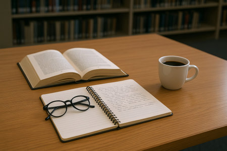 Open books, glasses, and coffee on a wooden table in library setting. concept of solitude, academic...