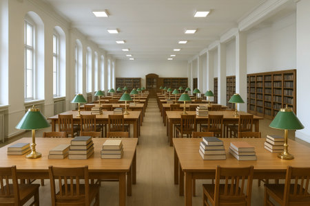 Empty reading room with neatly arranged wooden tables and classic green lamps in a library. concept...