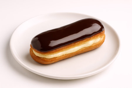 Chocolate eclair on a plate with smooth glaze. concept of delicious dessert, french pastry,...