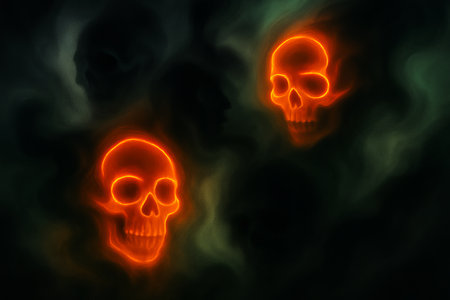 Glowing orange skulls in dark mystical smoke background for spooky halloween atmosphere. concept of...
